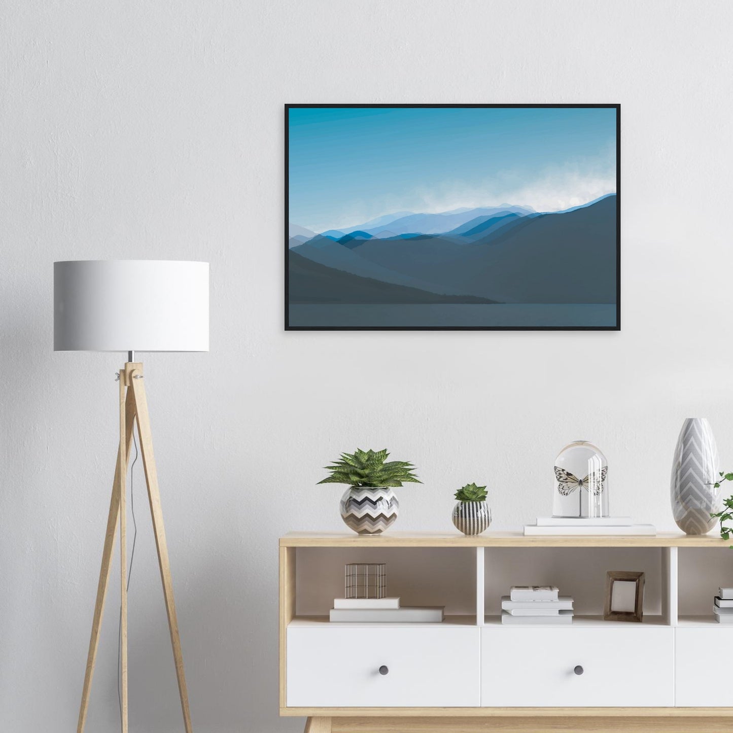 Soft, layered silhouettes of misty blue mountains against a calming sky, this piece captures the peaceful essence of nature