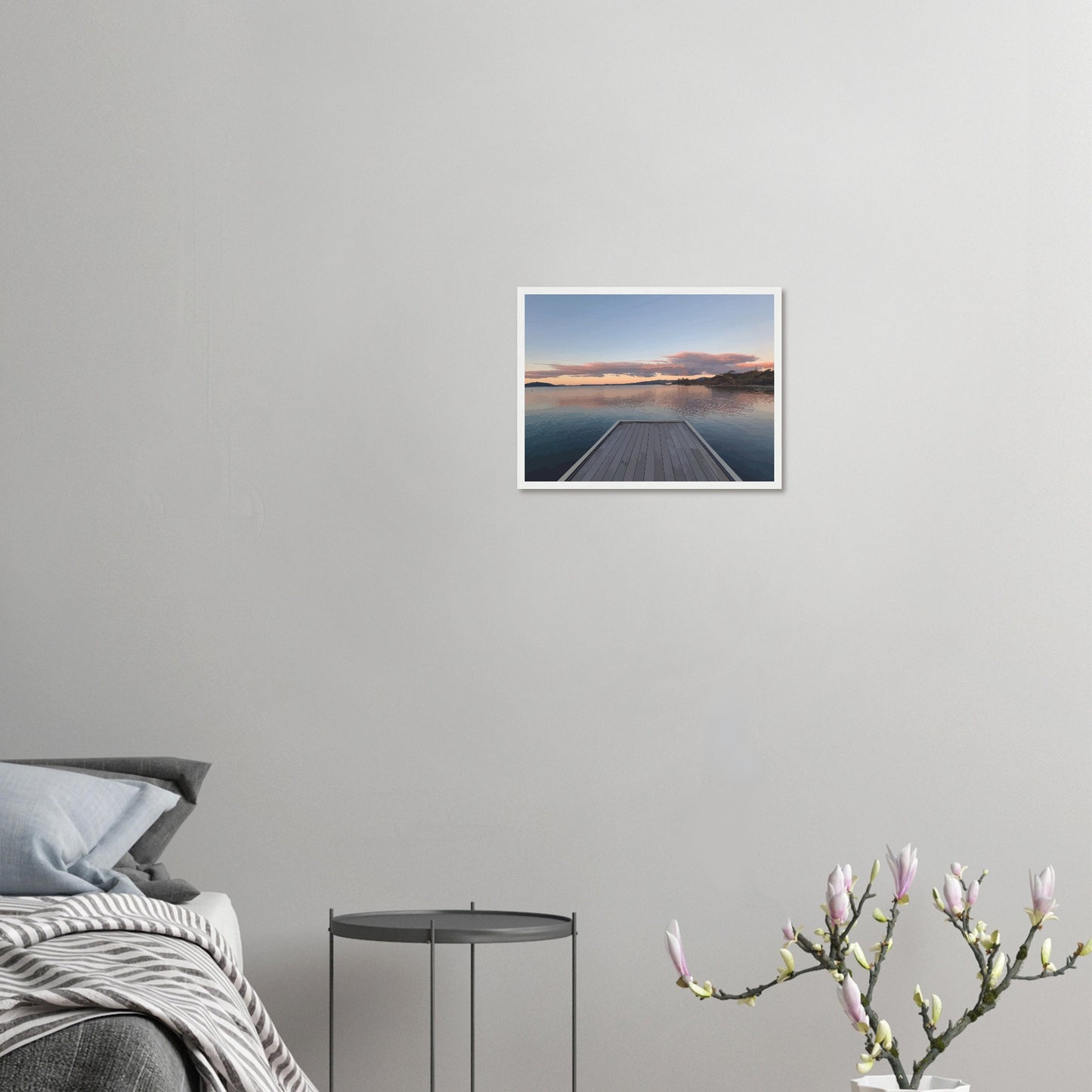 Jetty over Lake Rotorua at dusk with soft clouds and reflections in Echoes of the Lake by New Zealand designer Ben Hart.