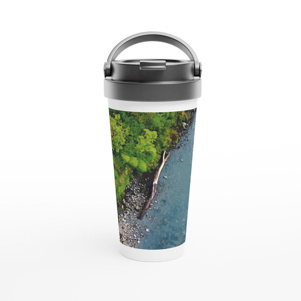 Designer stainless steel travel mug with artwork by NZ designer