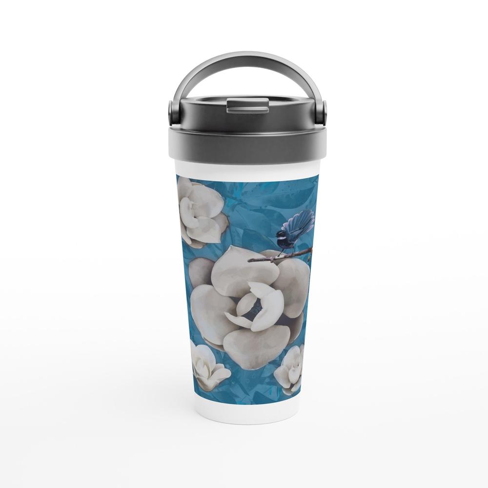 Designer stainless steel travel mug with artwork by NZ designer