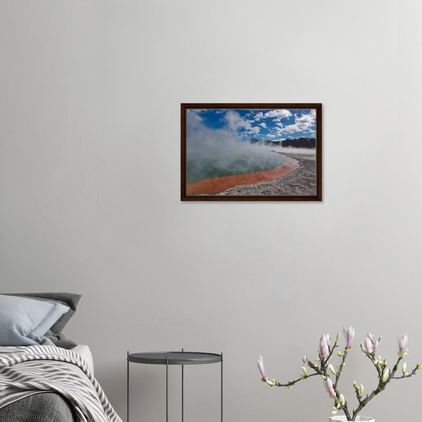Steaming geothermal pool with bright sky and vivid orange rim in Enchanted Waters by NZ designer Ben Hart.