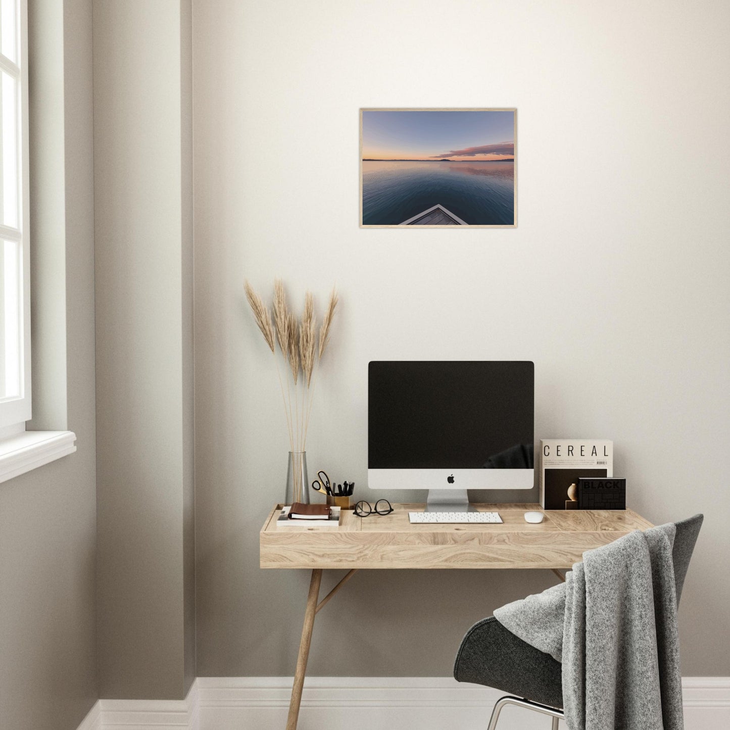 View from jetty over calm Lake Rotorua at sunset in the peaceful artwork Edge of Stillness by NZ designer Ben Hart.