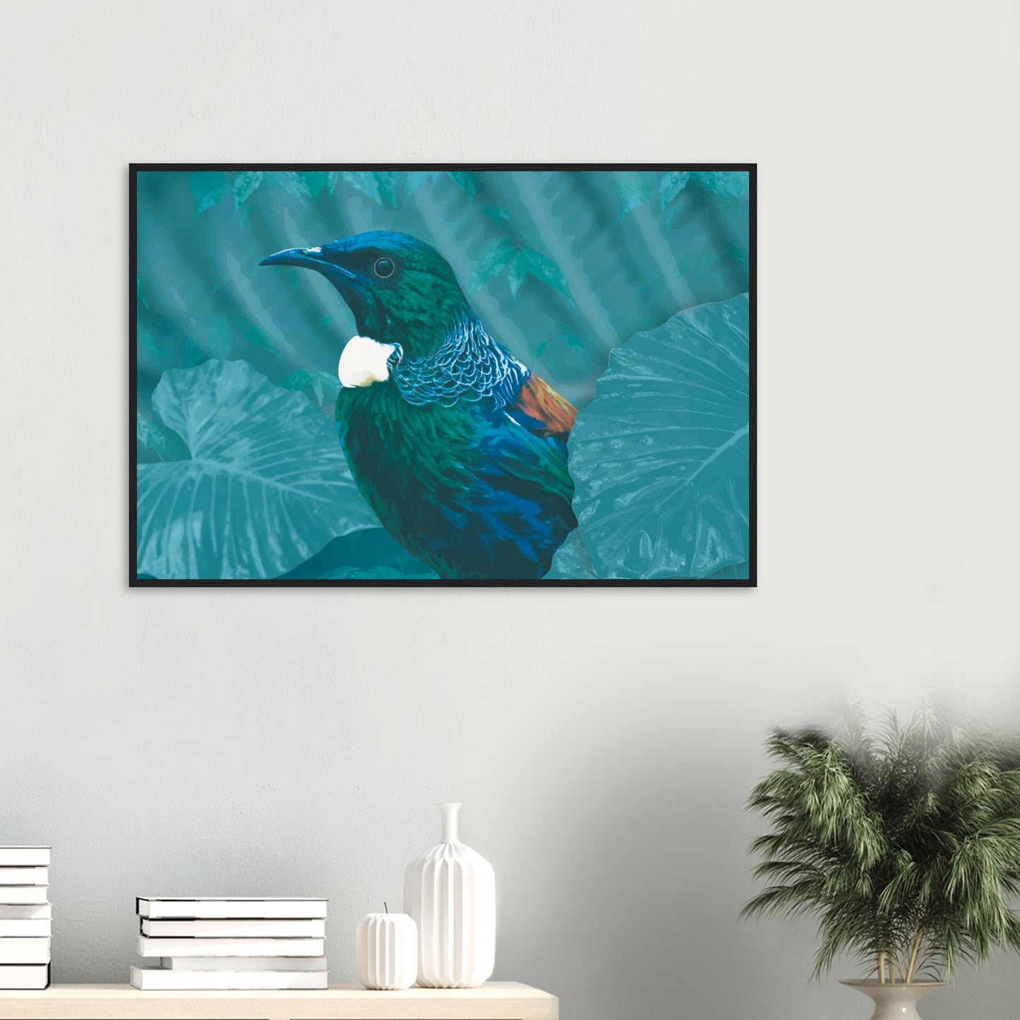 With rich teal and emerald hues and the tūī’s signature white throat tufts, the artwork evokes the dappled light of the forest and the bird’s melodic presence among the trees.