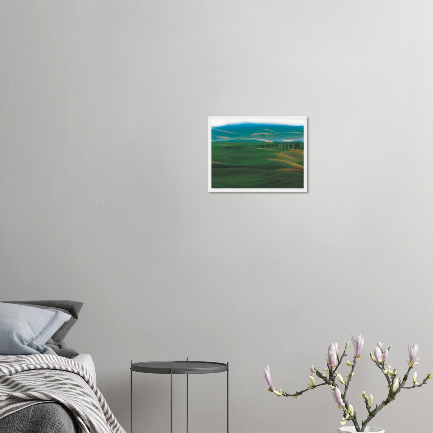 Artwork of rolling green hills and tall trees in soft golden light, evoking calm and quiet.