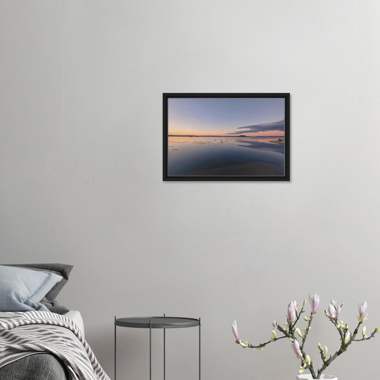 Peaceful Lake Rotorua at sunset with soft pastels, black swans and reflections in Whispers on the Lake by Ben Hart.