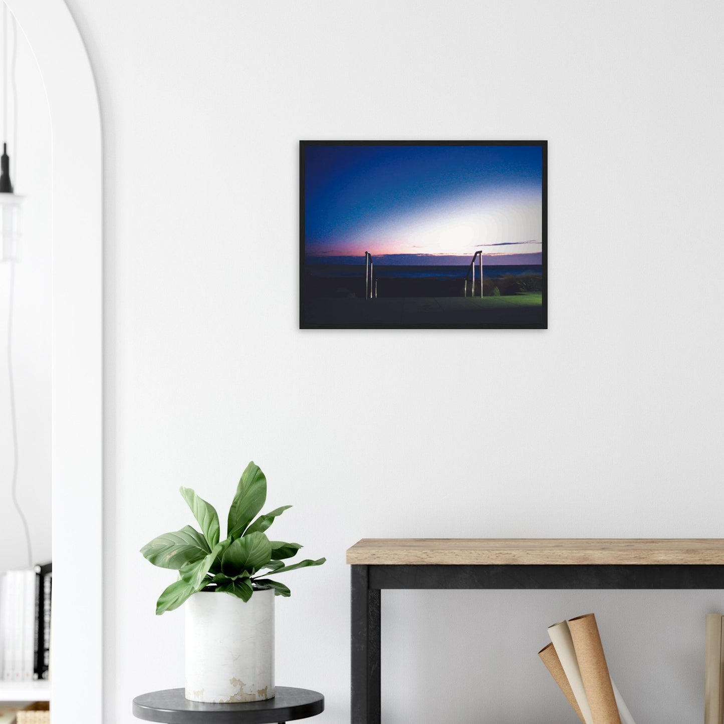 Artwork of Owhiro Bay at dusk with glowing horizon, sea, and steel railings leading into night.