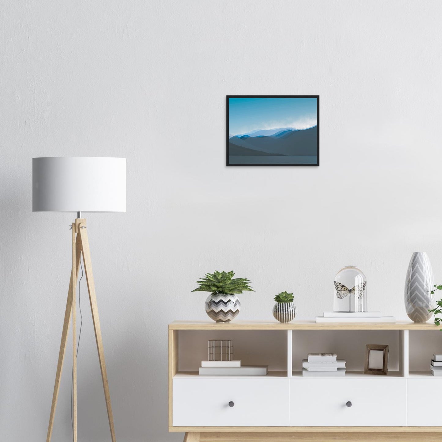 Soft, layered silhouettes of misty blue mountains against a calming sky, this piece captures the peaceful essence of nature