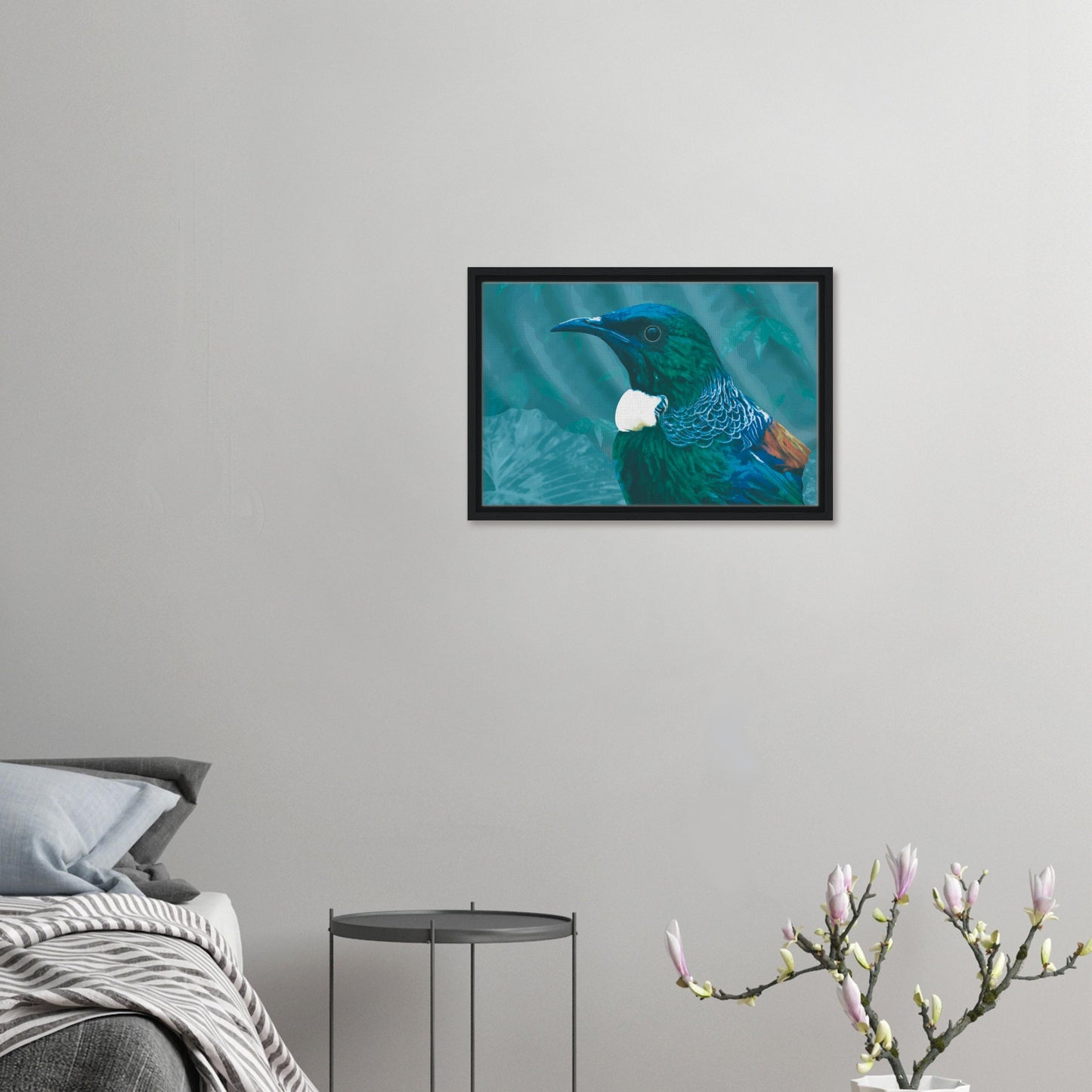 With rich teal and emerald hues and the tūī’s signature white throat tufts, the artwork evokes the dappled light of the forest and the bird’s melodic presence among the trees.
