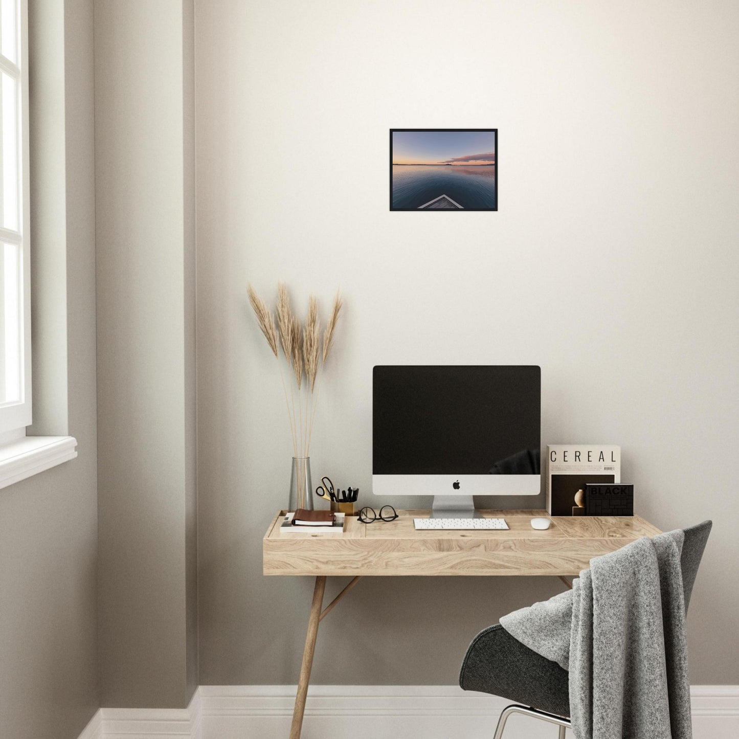 View from jetty over calm Lake Rotorua at sunset in the peaceful artwork Edge of Stillness by NZ designer Ben Hart.