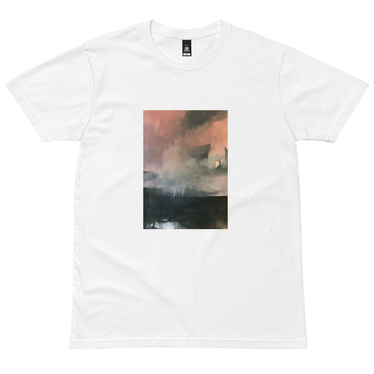 Glass graphic tee in white, front view mockup with weathered house in pink mist print