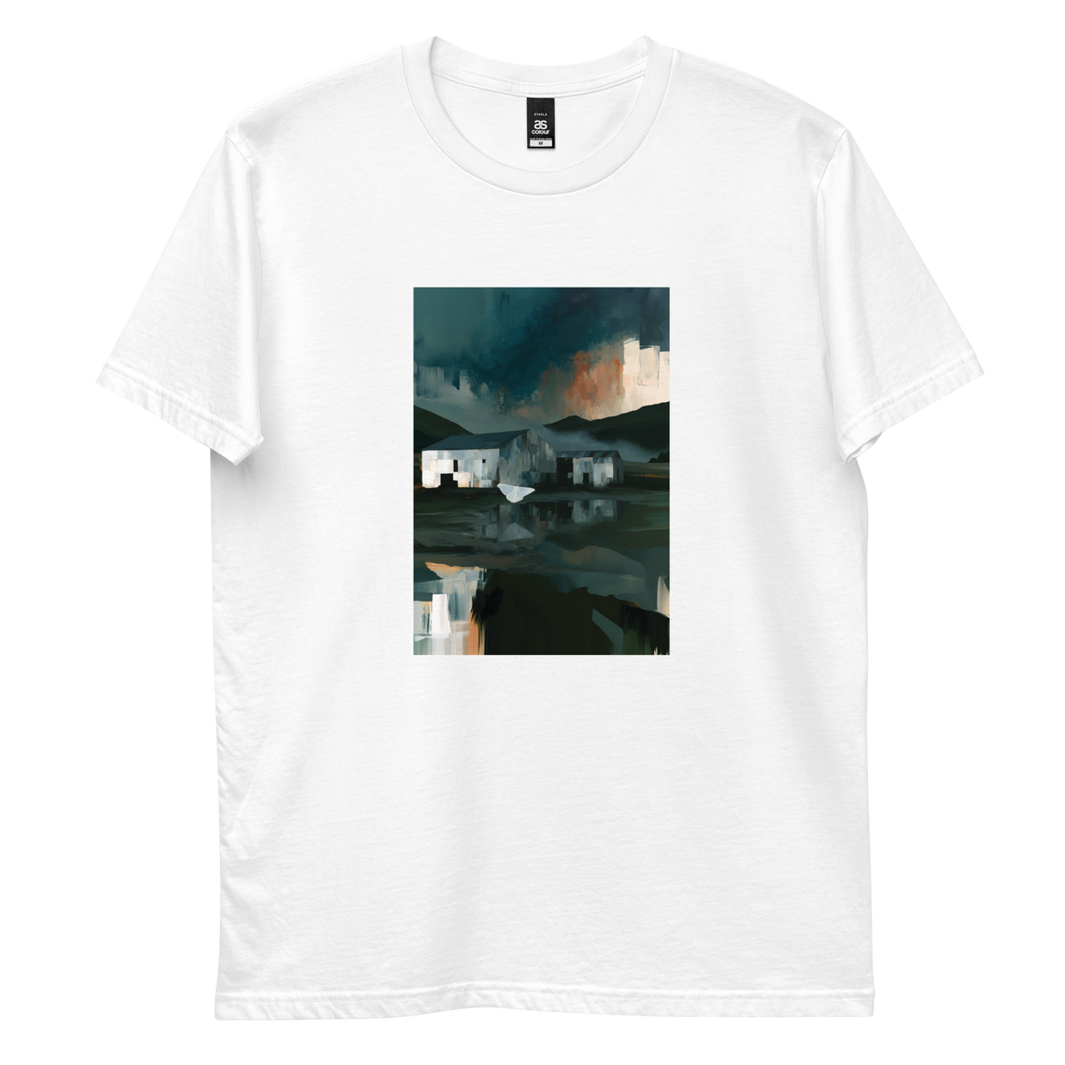 Evening Flight graphic tee in white, front view mockup with farm sheds and stormy evening sky print