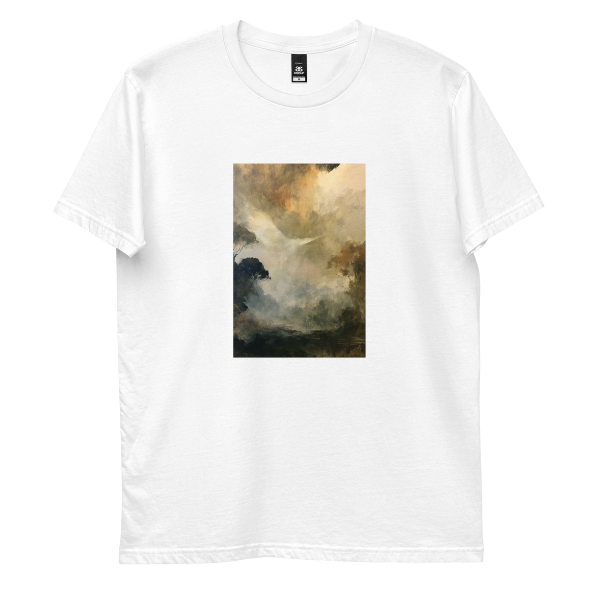 Ascend graphic tee in white, front view mockup with white dove and golden mist print