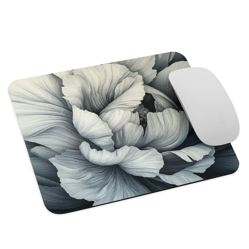 Black and white floral mouse pad featuring a soft, moody peony design by New Zealand artist Ben Hart.