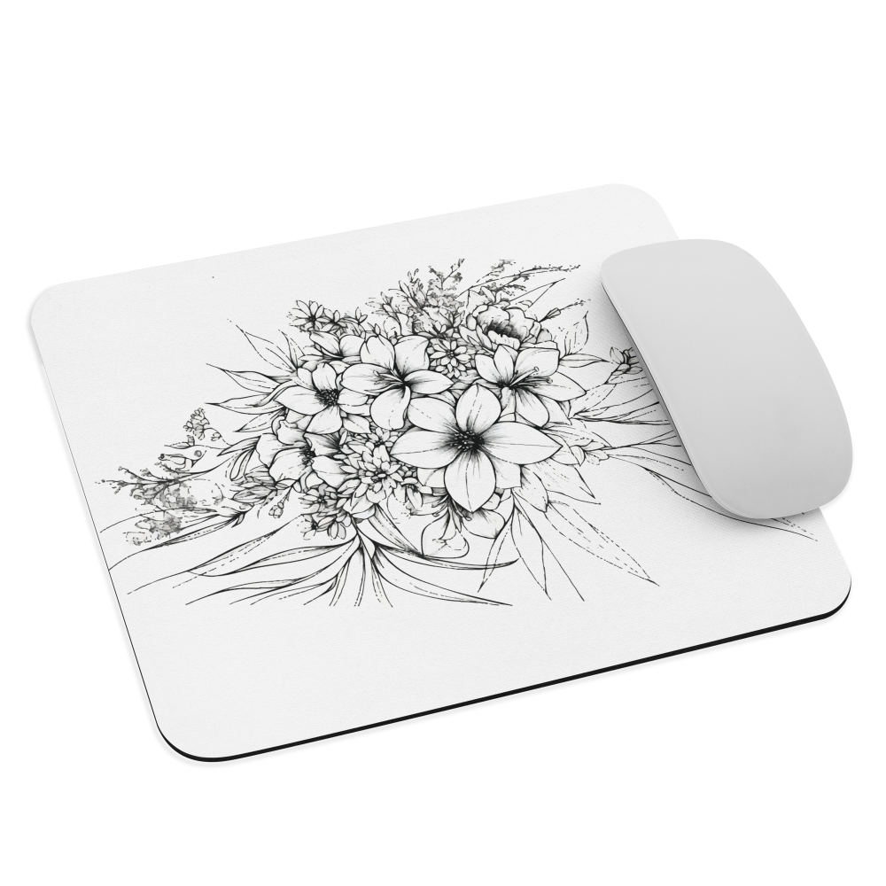 Black and white floral mouse pad with hand-drawn lilies and wildflowers