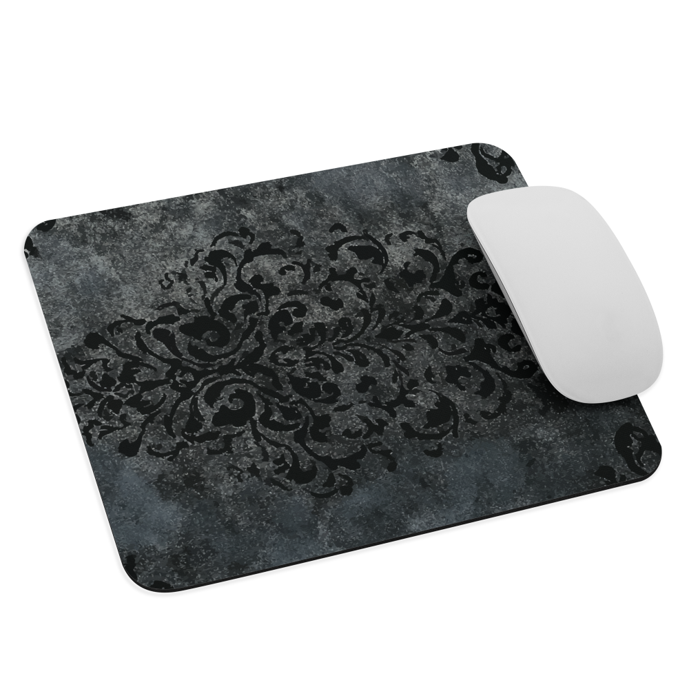 Dark damask patterned mouse pad with a vintage gothic aesthetic and textured stone background.