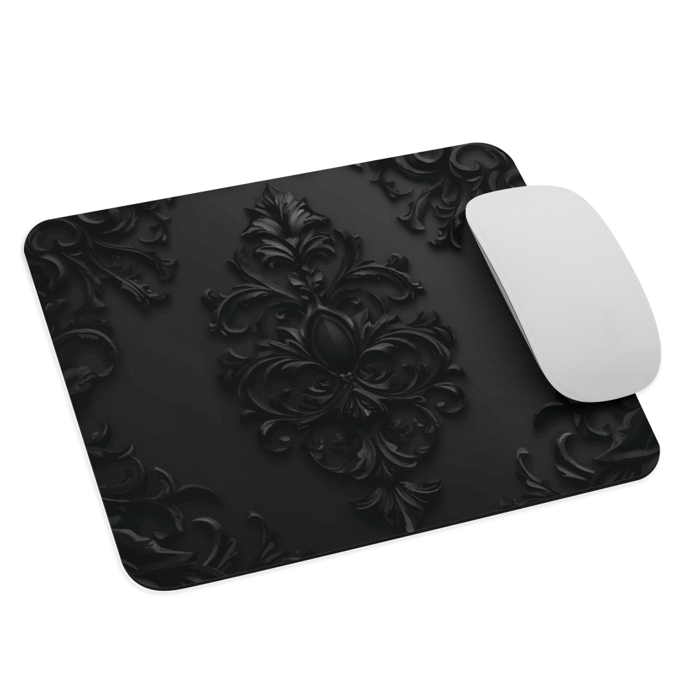 Black embossed obsidian mouse pad with gothic baroque pattern.