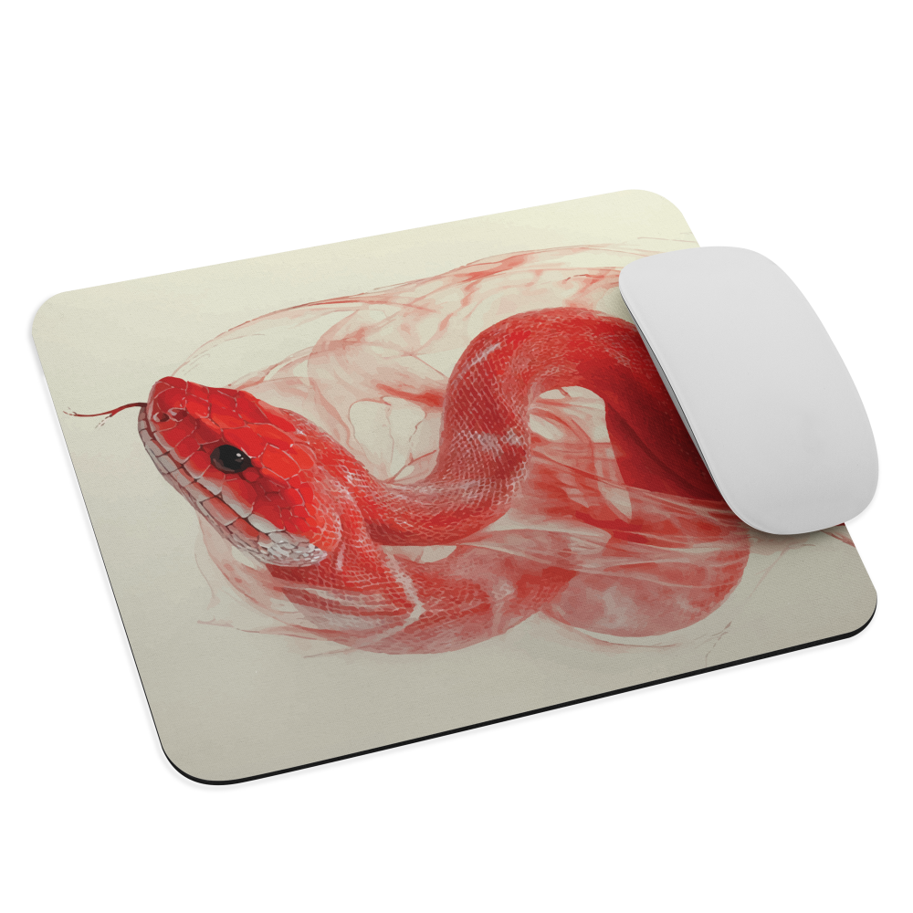 Mouse pad with red snake design on a cream background, coiled in smoky detail. Bold artwork by NZ designer Ben Hart.