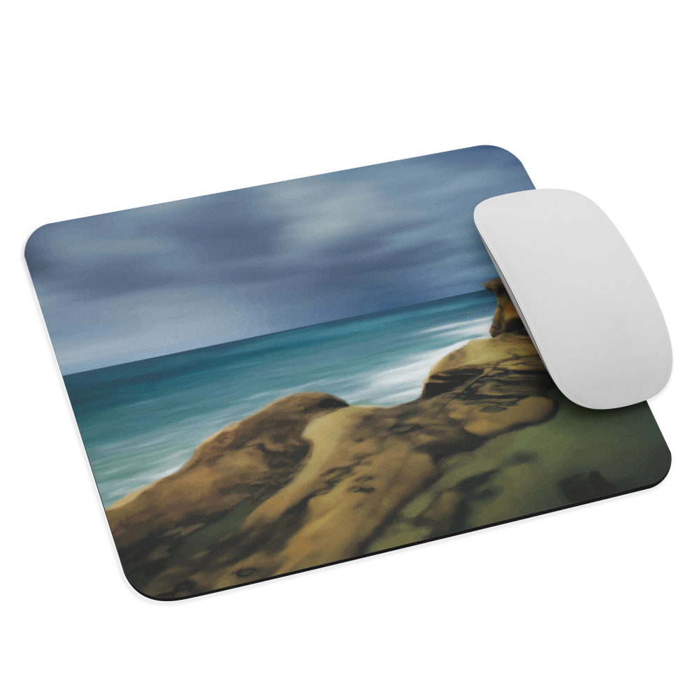 Castlepoint coastal mouse pad with cliffs, ocean and sky. New Zealand landscape art by designer Ben Hart.