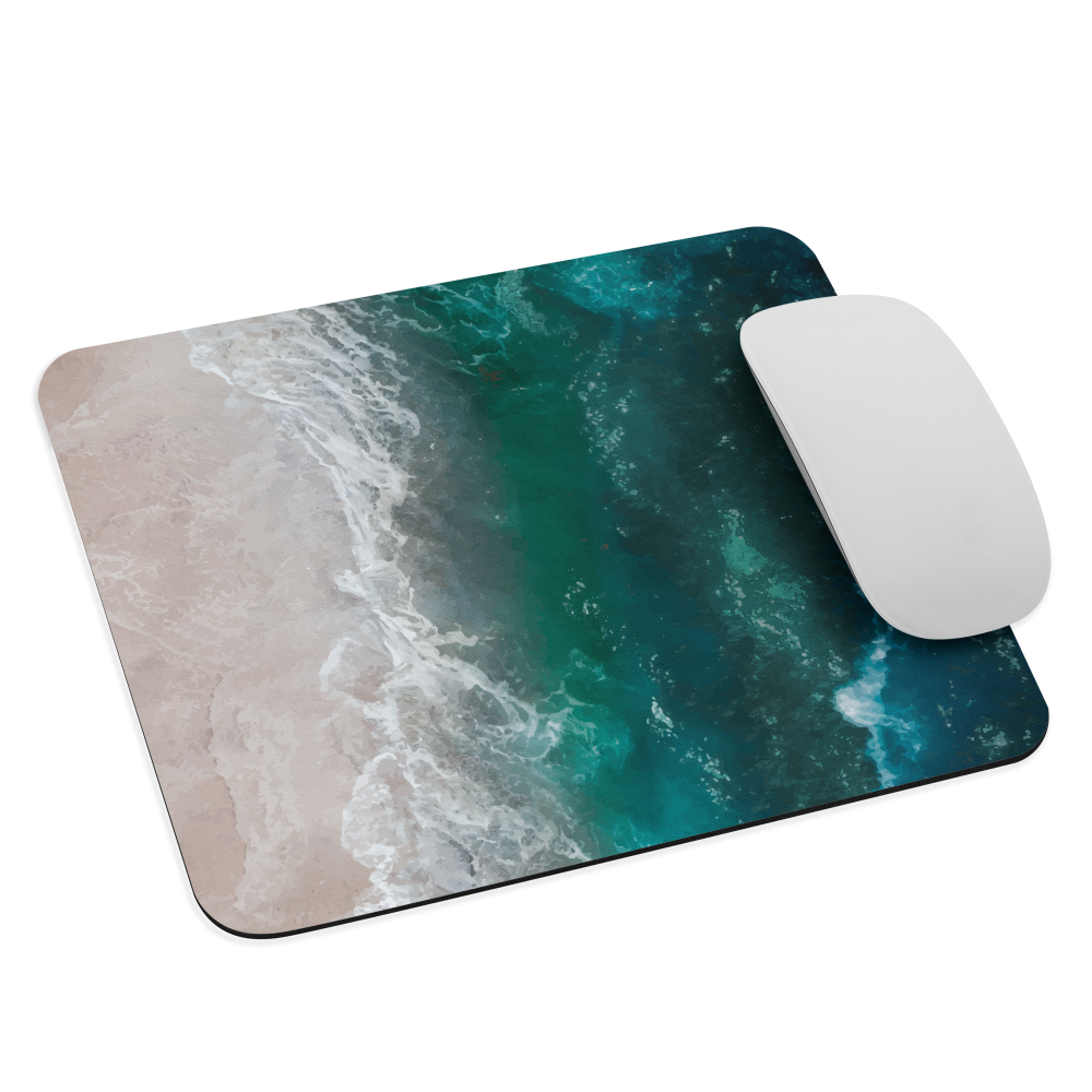 Ocean wave mouse pad with abstract beach design in teal and white, by NZ artist Ben Hart.