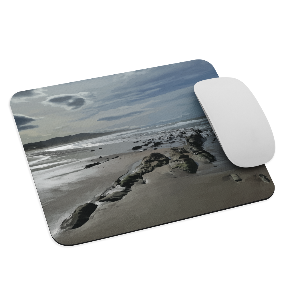 Mouse pad with artwork of Riversdale Beach, Masterton – rocks, waves and sky by NZ artist Ben Hart.