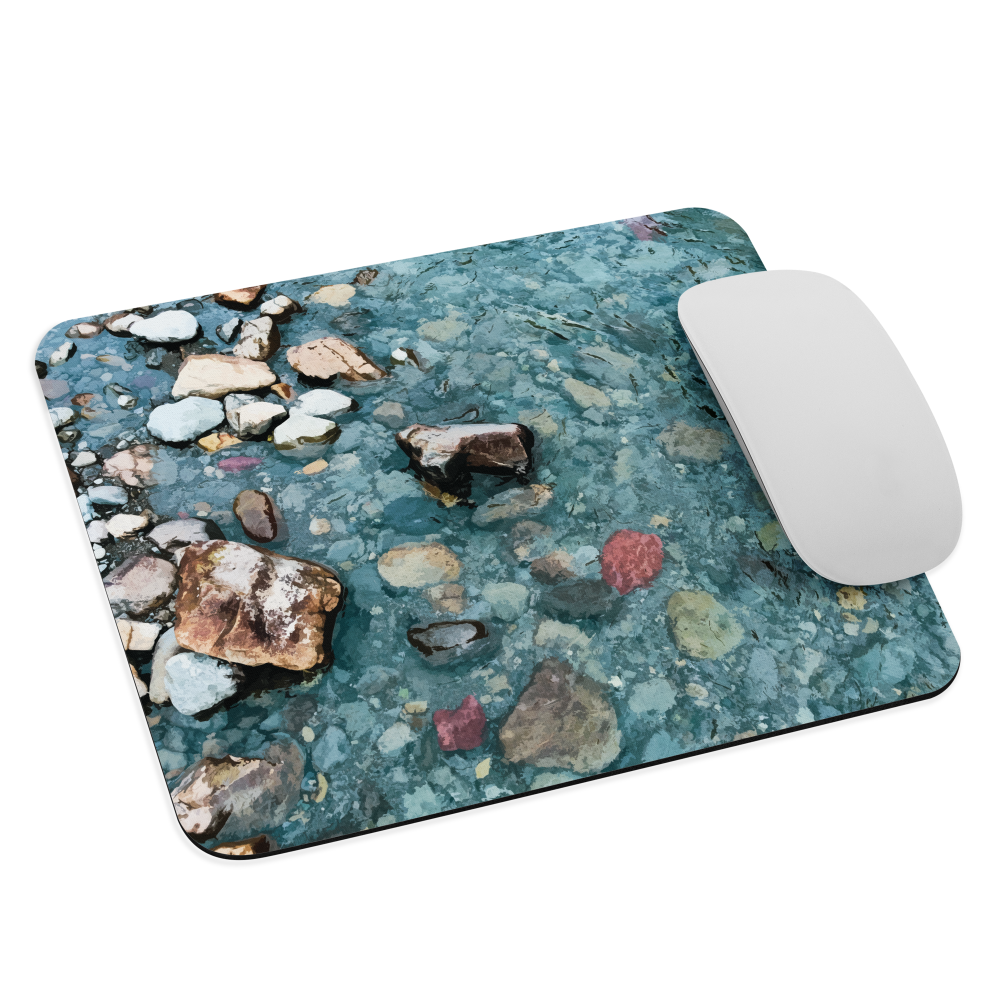 Washed Away designer mouse pad with abstract river stone artwork in earthy blues and natural tones.