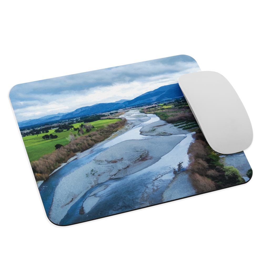 Waiohine mouse pad featuring artwork of New Zealand’s braided riverbed landscape in the Wairarapa.
