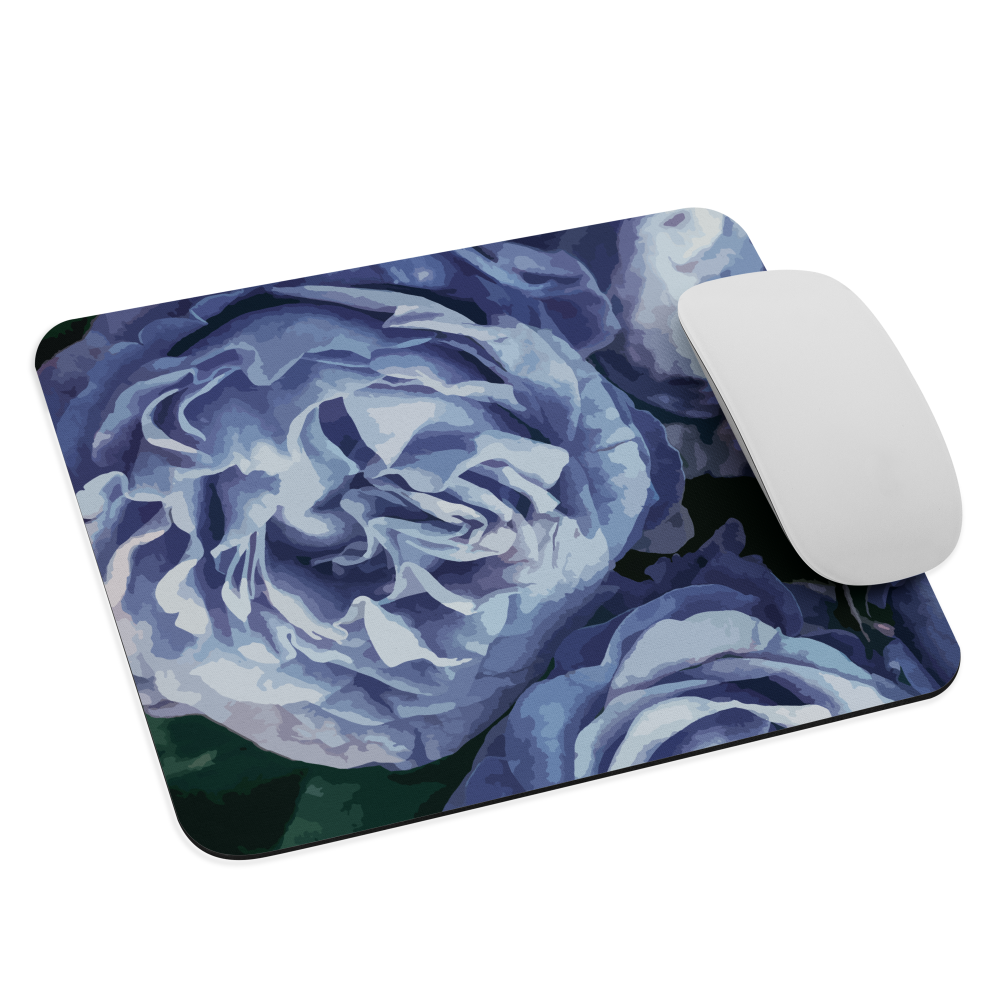 Designer mouse pad with a bold blue rose artwork and glossy finish.