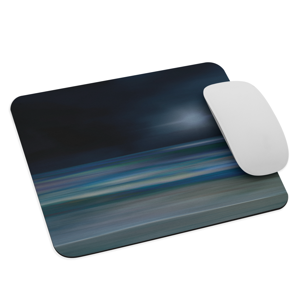 Dark abstract mouse pad with blue and grey streaks and glossy finish.