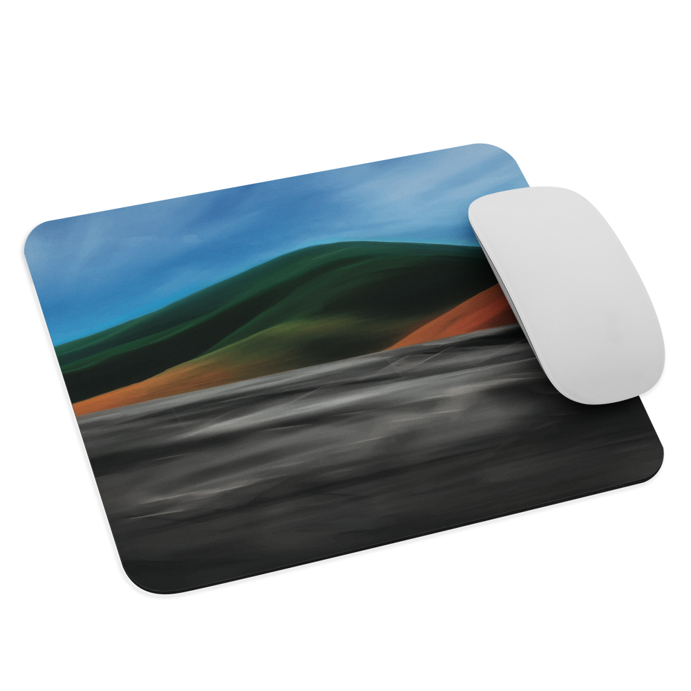 Mouse pad with abstract red, green, and blue heat wave landscape design.