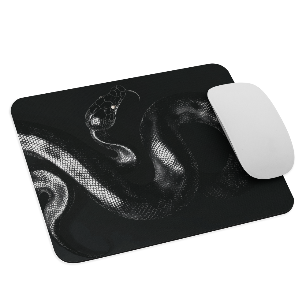 Mouse pad with detailed black python design on dark background.