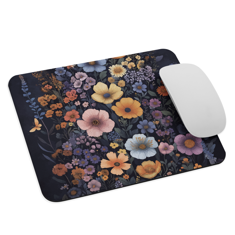 Mouse pad with colourful wildflowers on dark background, floral art design