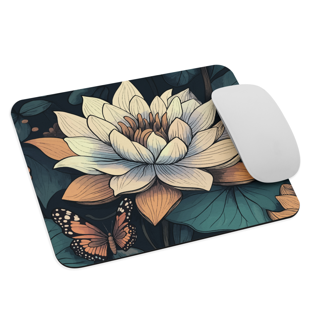 Mouse pad with ivory water lily, green leaves, and butterfly accents on dark background