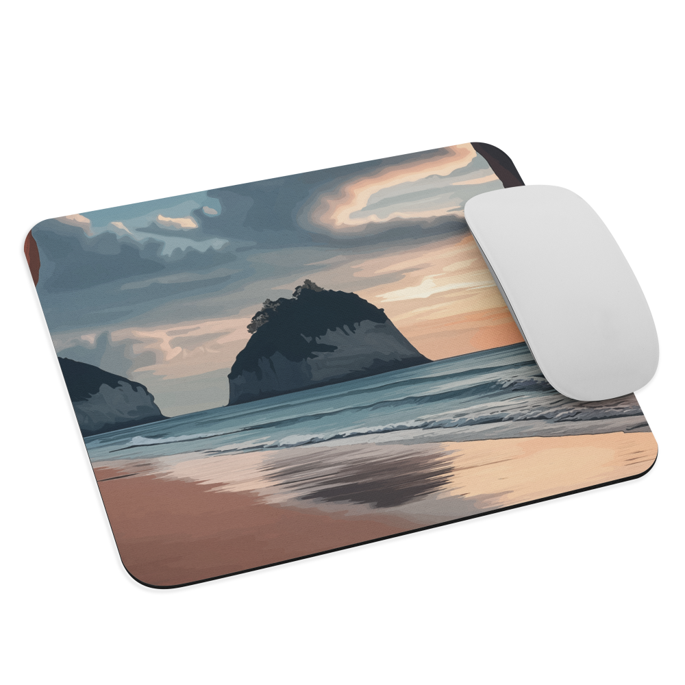 Mouse pad with Cathedral Cove beach and sunset scene, featuring soft skies and sea stack, by NZ artist Ben Hart.