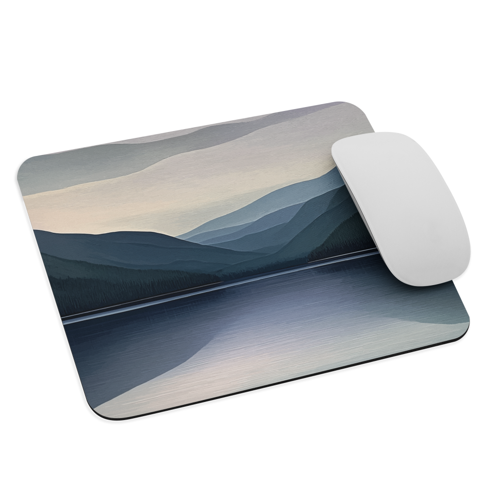Mouse pad with moody blue and purple layered mountain and lake landscape artwork