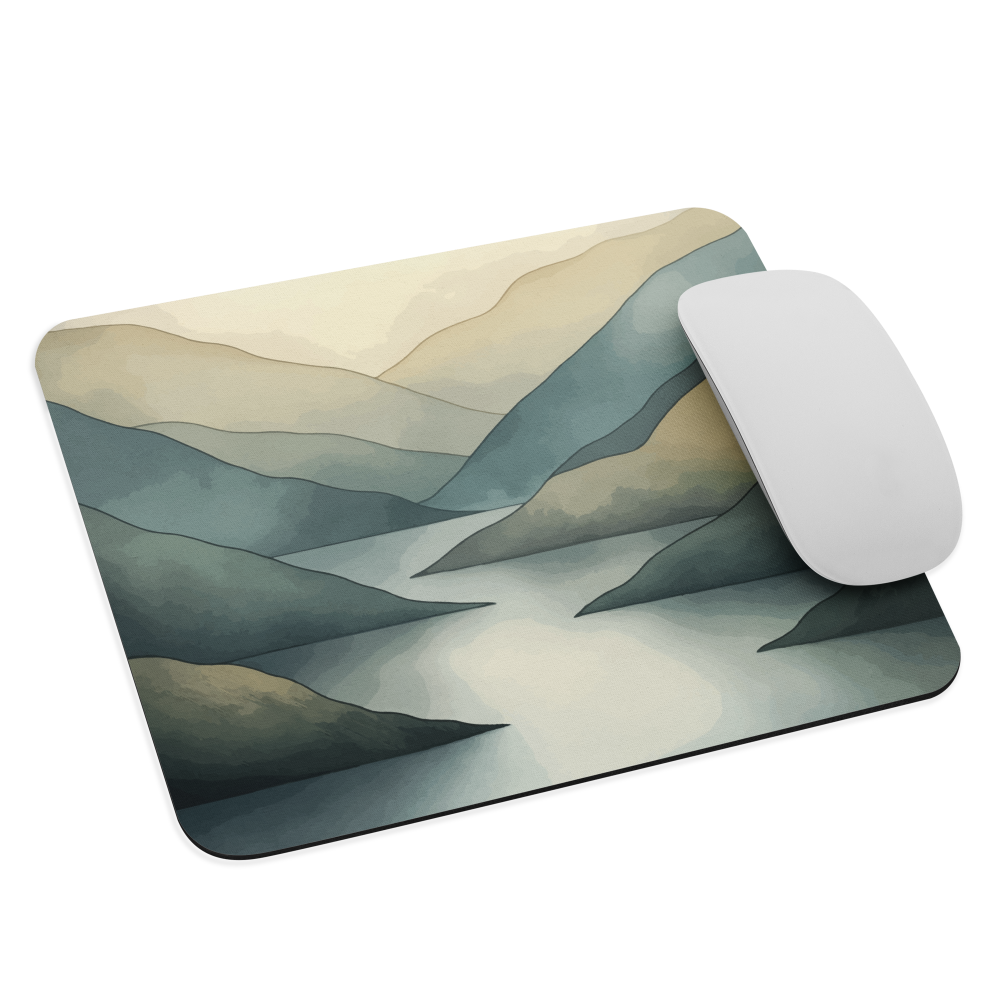 Mouse pad with soft mountain and valley design in misty green, blue, and golden tones