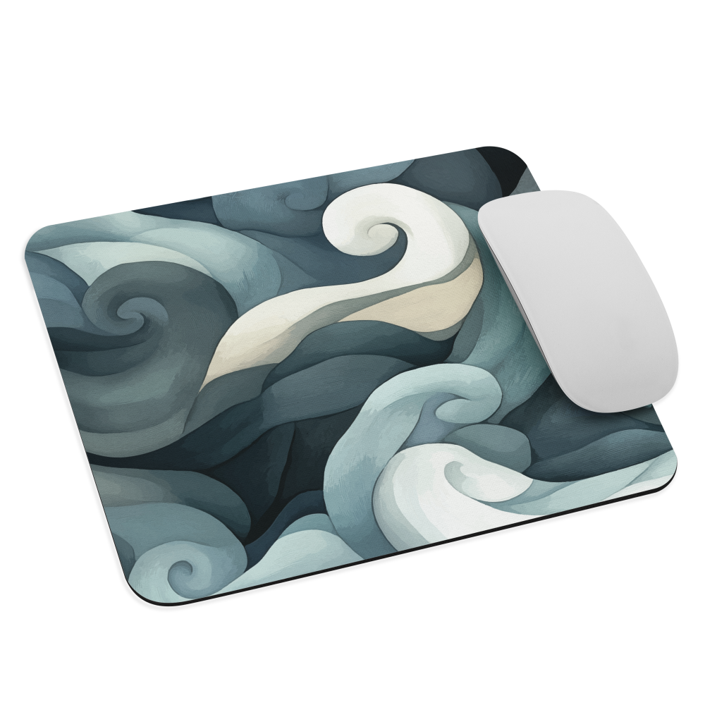 Mouse pad with abstract swirling ocean waves in blue and cream