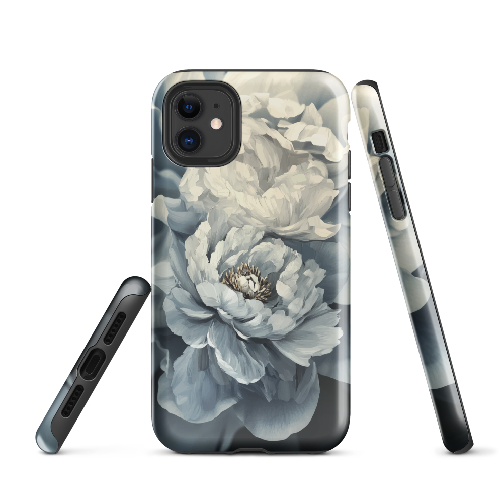 'Whisper' iPhone case features a stunning close-up of softly painted peony blooms in dreamy shades of ivory, grey, and smoky blue.
