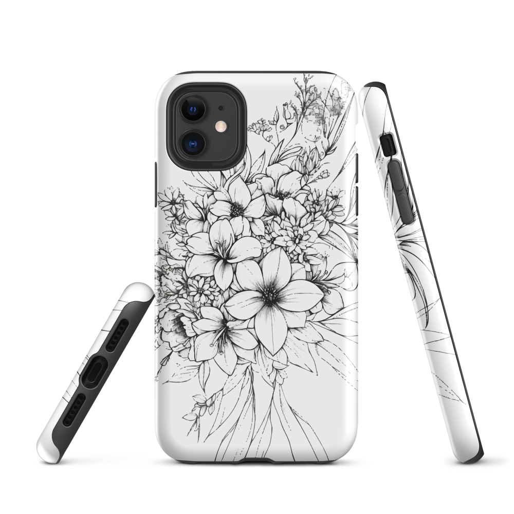 Black and white floral phone case with hand-drawn lilies and wildflowers