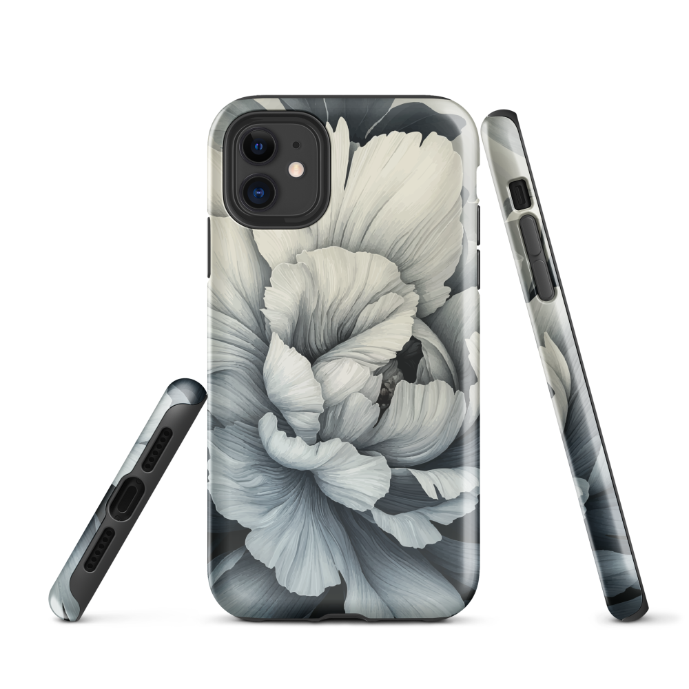 Black and white floral phone case featuring a soft, moody peony design by New Zealand artist Ben Hart.