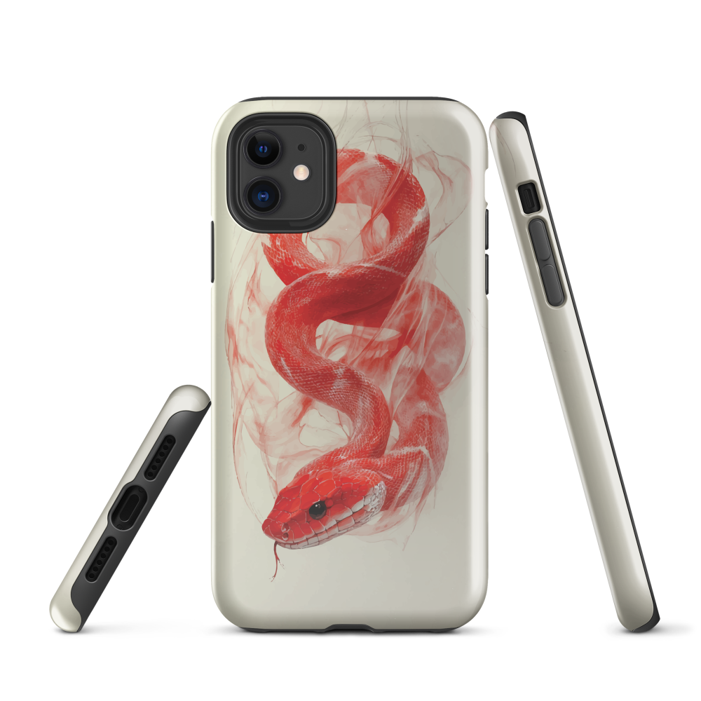 Phone case with red snake design on a cream background, coiled in smoky detail. Bold artwork by NZ designer Ben Hart.