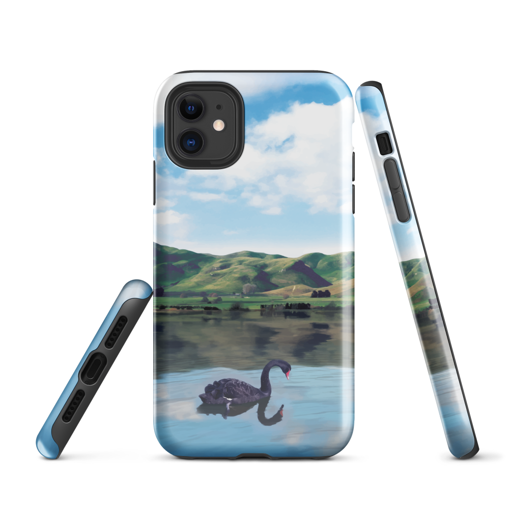 Phone case with a black swan on a calm lake, New Zealand hills in the background. Art by NZ designer Ben Hart.