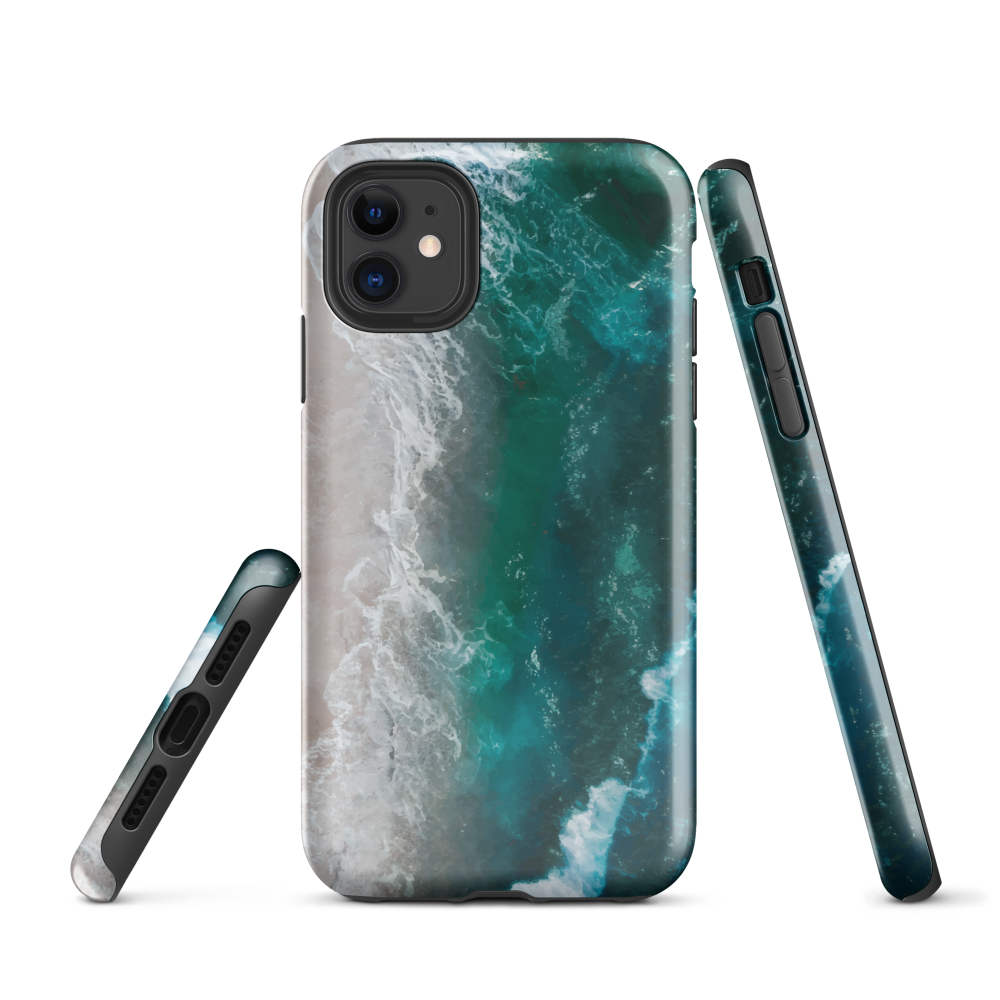 Ocean wave phone case with abstract beach design in teal and white, by NZ artist Ben Hart.