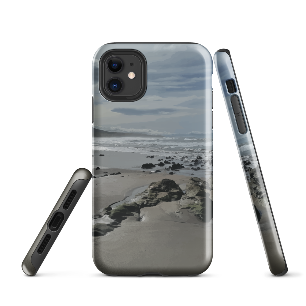 Phone case with artwork of Riversdale Beach, Masterton – rocks, waves and sky by NZ artist Ben Hart.