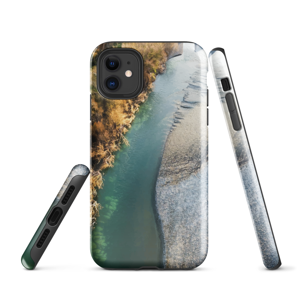Phone case with aerial riverbend artwork and earthy tones, designed by New Zealand artist Ben Hart.