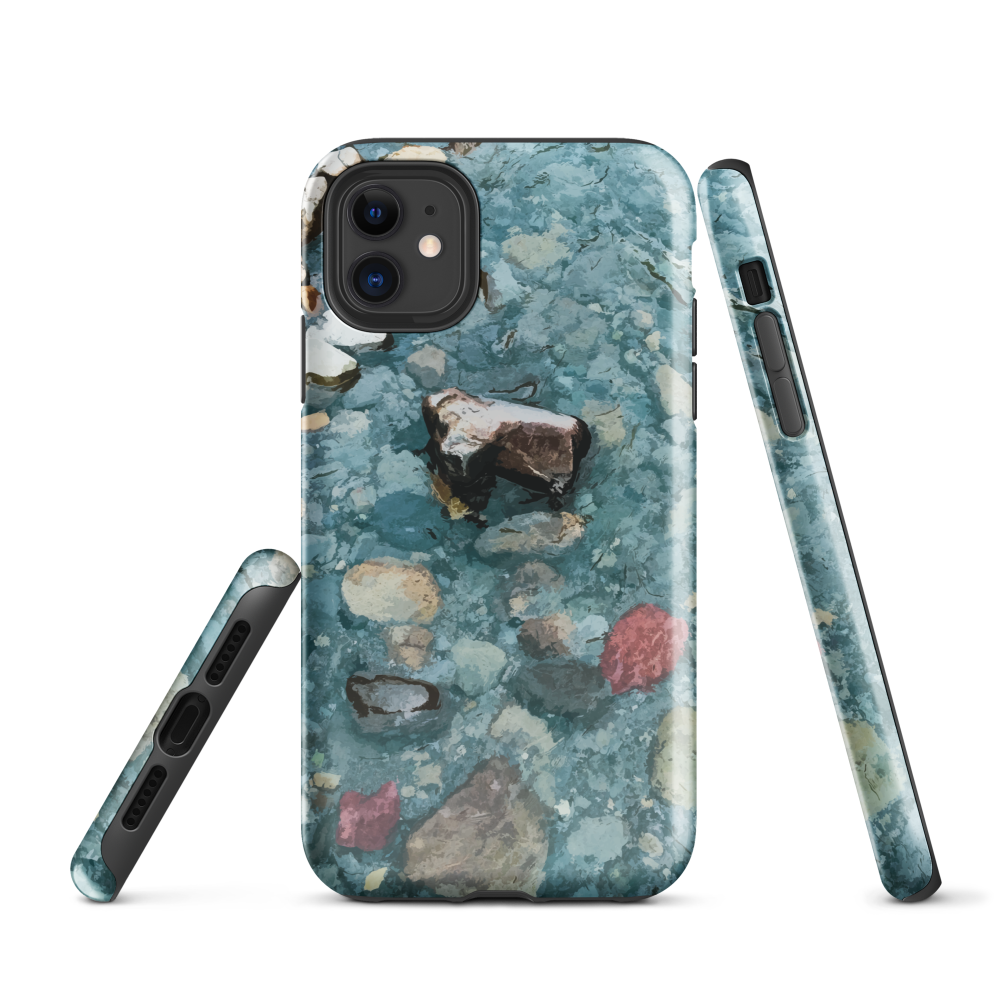 Washed Away designer phone case with abstract river stone artwork in earthy blues and natural tones.