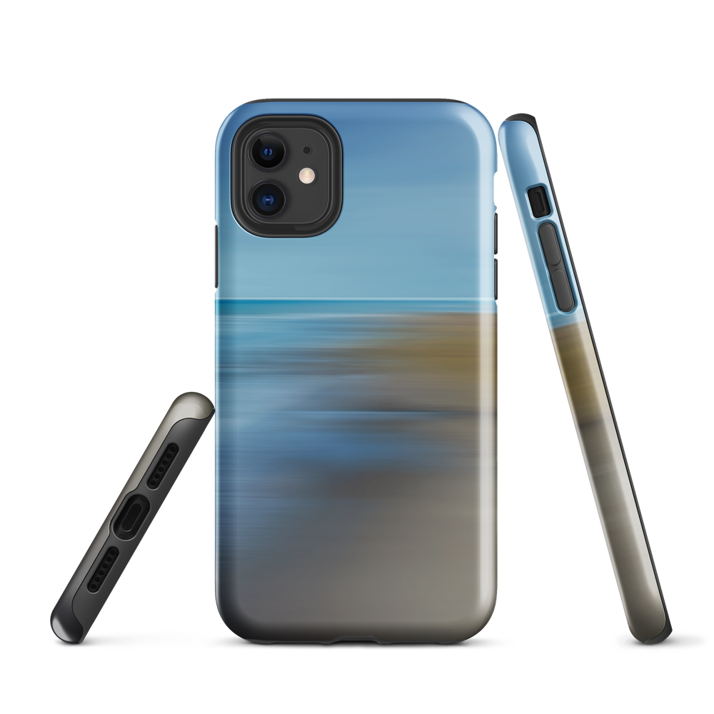 Ocean Breeze phone case with abstract blue and sandy tones inspired by sea and sky.