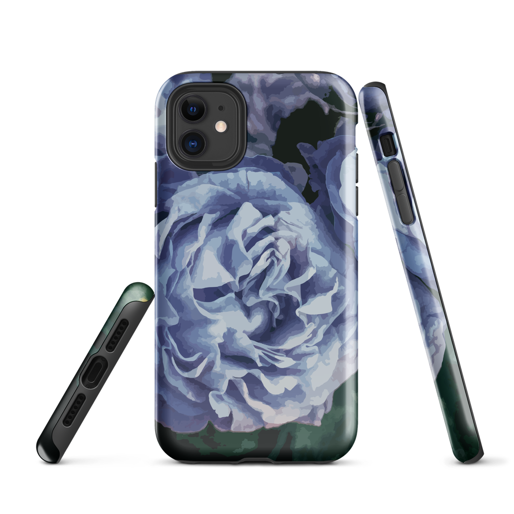 Designer phone case with a bold blue rose artwork and glossy finish.