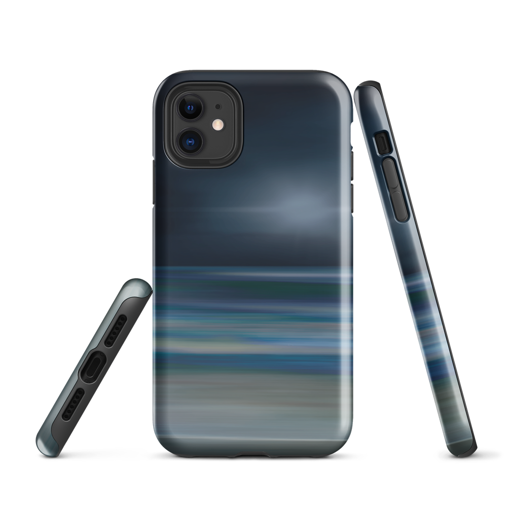 Dark abstract phone case with blue and grey streaks and glossy finish.