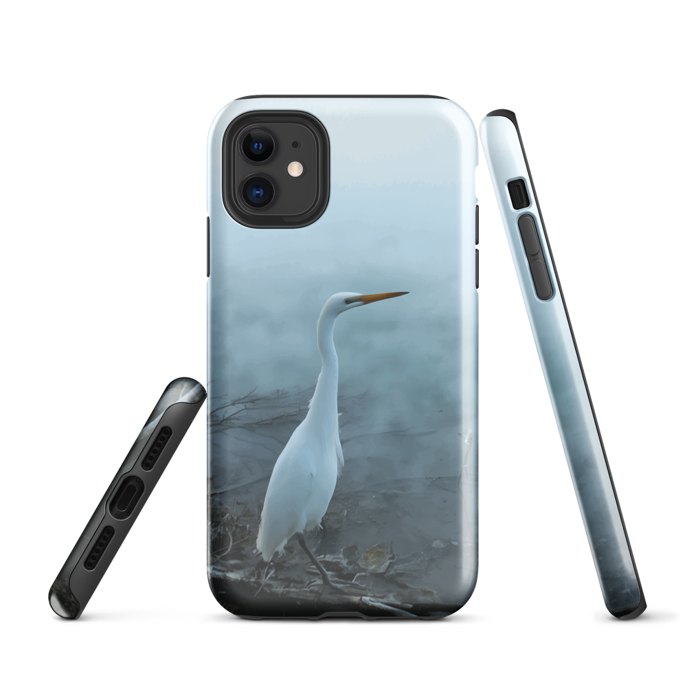 Phone case with a white heron standing in a misty wetland scene.