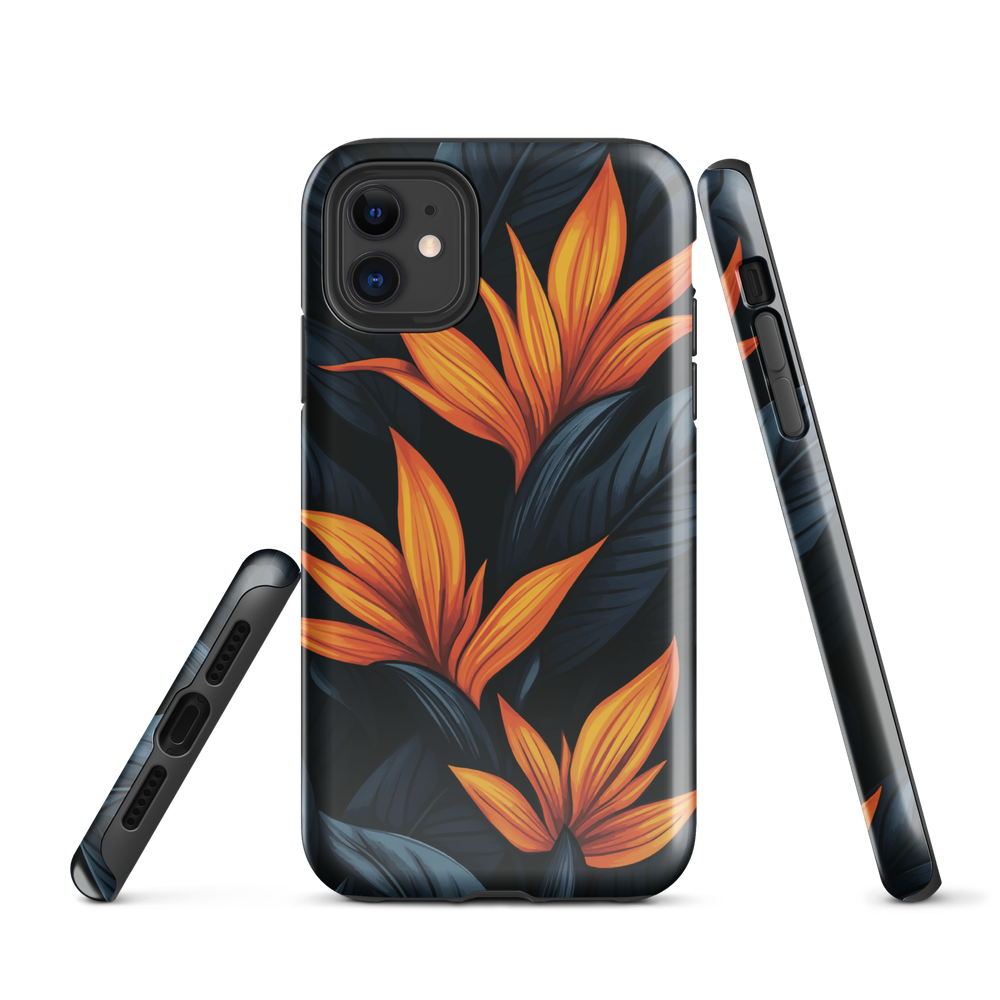Phone case with bold orange bird of paradise flowers on dark background.